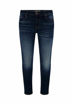 Mörkblå skinny jeans i stretchdenim med ett blekt framsidesdesign, fem fickor, knappstängning och bältesloopar.