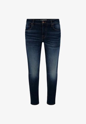 Dark blue skinny jeans in stretch denim with a faded front design, five pockets, button closure, and belt loops.