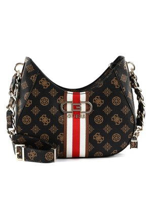 Borsa a tracolla nera in materiale sintetico con motivo a logo marrone, hardware argento, accentuazione a righe rosse e bianche e manico a catena. Forma arrotondata.