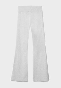 Grijze flared leggings met een brede tailleband. Gemaakt van zachte, gestructureerde stof met een gladde afwerking. Geen zichtbare patronen of versieringen.