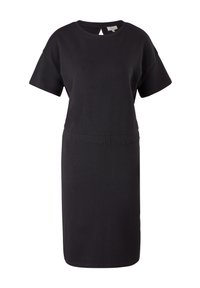 Vestido negro de manga corta hecho de tela suave, con cuello redondo, detalle de cintura fruncida y silueta recta. Sin patrones ni adornos.
