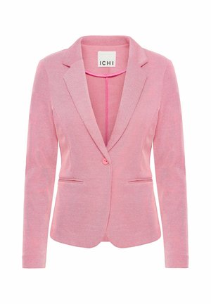 Pink blazer with a notch lapel, single button closure, two front pockets, and a textured fabric. Tag reads "ICHI."