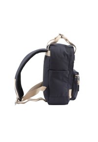 Navy blue backpack with light beige straps and accents. Features two side pockets and a zippered front pocket. Made of durable fabric.