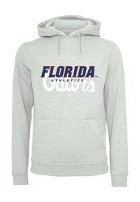 Sudadera gris con la inscripción "FLORIDA ATHLETICS" en letras naranjas y blancas en negrita. Incluye un bolsillo frontal y capucha con cordón.