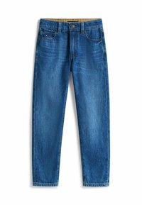 Blå denim jeans har en lige pasform, klassisk fem-lomme design og en knaplukning. Stoffet har en let tekstur med en falmet finish.