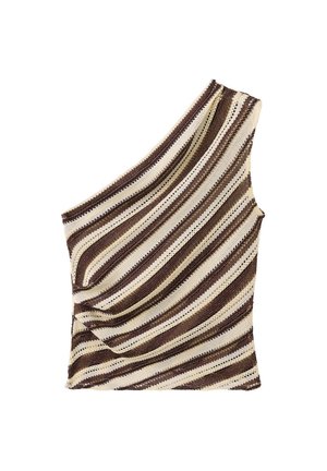 Top monospalla in maglia con motivo a righe diagonali nelle tonalità di marrone, beige e crema, con tessuto traforato e testurizzato.