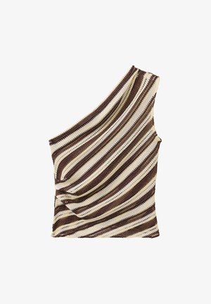 Top monospalla in maglia con motivo a righe diagonali nelle tonalità di marrone, beige e crema, con tessuto traforato e testurizzato.