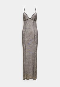 Διάφανο φόρεμα με λεοπάρ μοτίβο, μακριά σιλουέτα, λεπτές μαύρες τιράντες και σχεδιασμό με V λαιμόκοψη. Το ύφασμα έχει λεπτή υφή και ελαφριά λάμψη.