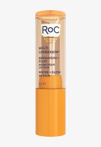 Balsamo per gli occhi Roc Multi Correxion in un tubo trasparente con un cappuccio arancione. Contiene 4g, con testo blu scuro sull'etichetta. Finitura liscia.