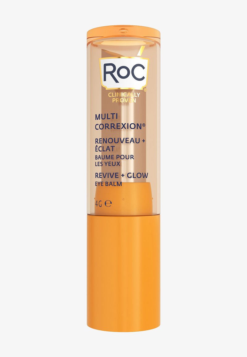 Roc Multi Correxion Oogbalsem in een doorzichtig buisje met een oranje dop. Bevat 4g, met donkerblauwe tekst op het etiket. Gladde afwerking.