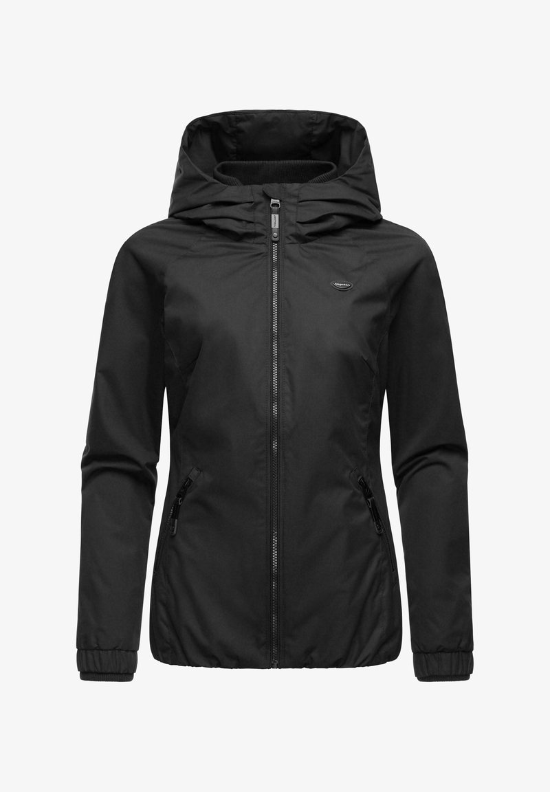 Črna lahka jakna s kapuco, polnim sprednjim zadrgo in elastičnimi manšetami. Ima stranske žepne zadrge in gladko zunanjo teksturo.