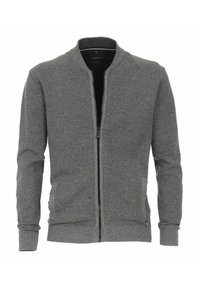 Grauer Strickcardigan mit durchgehendem Reißverschluss, gerippten Bündchen und Saum, zwei seitlichen Taschen und einem Bomberkragen. Strukturiertes Gewebedetail.
