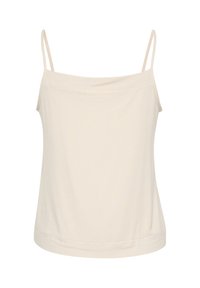 Camisola beige chiaro con sottili spalline regolabili. Materiale in cotone morbido, vestibilità ampia, scollatura dritta e orlo rifinito. Nessun motivo o decorazione.