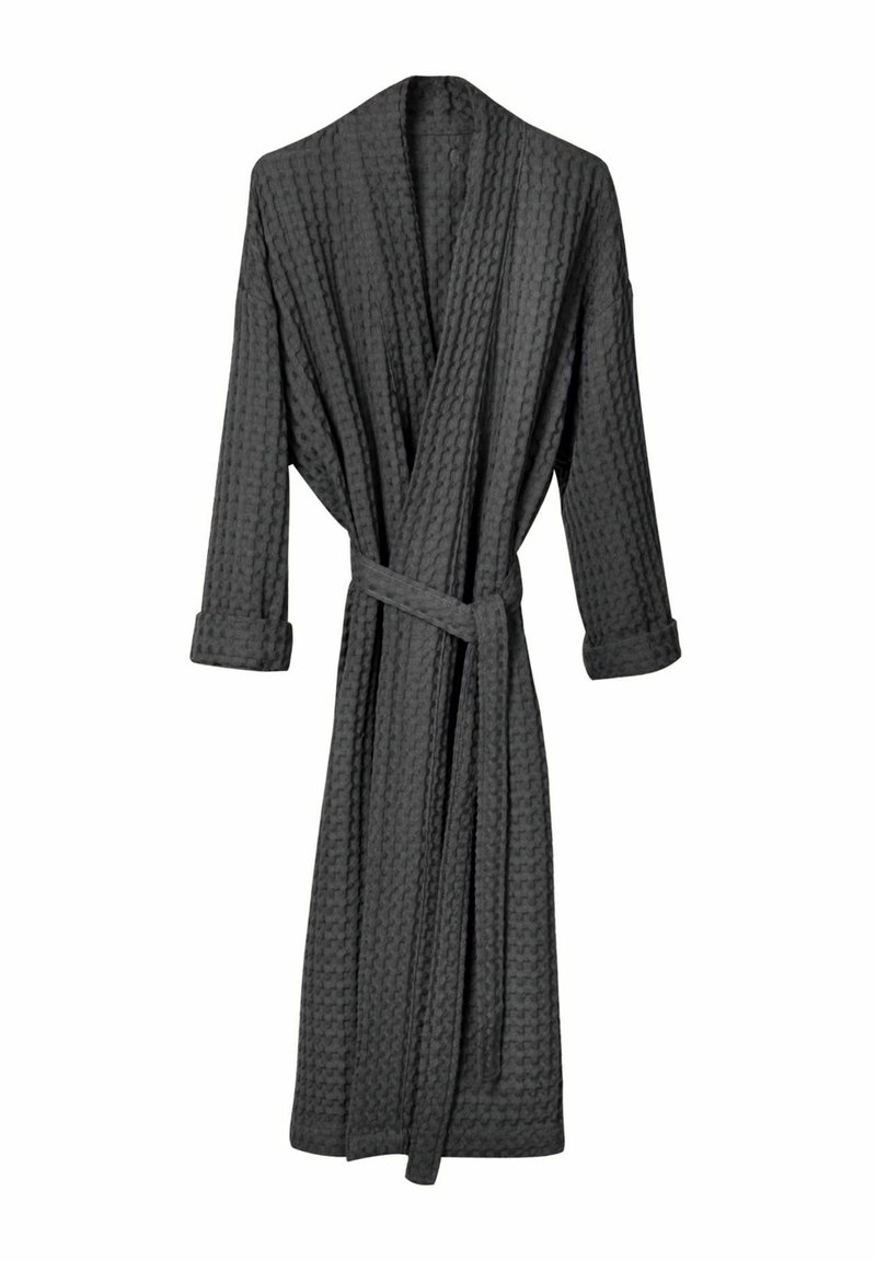 Tummanharmaa, vohvelikuvioinen kylpytakki, pitkät hihat, vyötäröllä vyö, polven pituinen, käännettävillä hihoilla. Kangas näyttää pehmeältä ja kevyeltä.