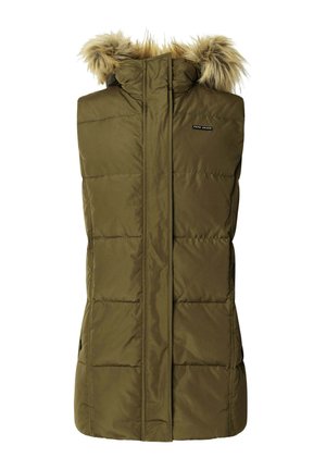 Olijfgroen mouwloos puffervest met een gevoerde capuchon van bont, voorrits, gequilt ontwerp en logo-detail op de borst.