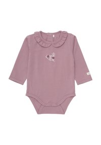 Langærmet bodystocking i blød lavendelfarvet stof, med en flæsekrave og blomsterbroderi, samt trykknapper i bunden.