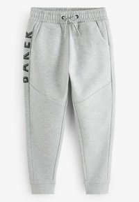 Pantalones de chándal grises con un acabado texturizado, cintura elástica y cordón, con letras negras "DANKE" en la pierna izquierda y bolsillos laterales.