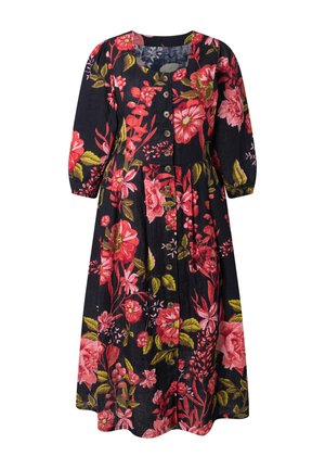 Czarna sukienka midi w czerwono-różowy kwiatowy wzór, z okrągłym dekoltem, zapinana na guziki z przodu oraz z rękawami o długości do łokcia z bufkami.