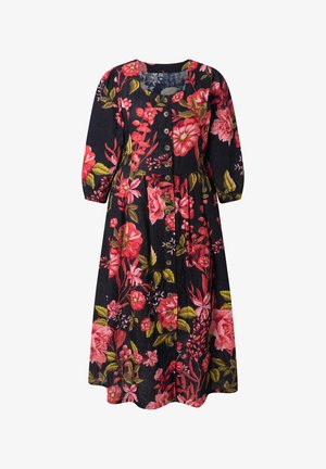 Černé midi šaty s červeným a růžovým květinovým potiskem, kulatým výstřihem, zapínáním na knoflíky vpředu a tříčtvrtečními nabíranými rukávy.
