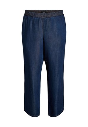 Dark blue denim loose-fit pants with elastic waistband and straight legs, displayed against a white background.