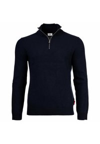 Maglione blu navy a maniche lunghe con colletto a zip a quarto e polsini e orlo a coste, esposto su uno sfondo neutro.