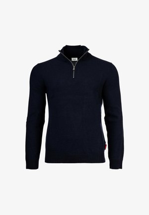 Navyblaues Langarmpullover mit Viertelreißverschlusskragen und gerippten Bündchen und Saum, präsentiert vor einem schlichten Hintergrund.