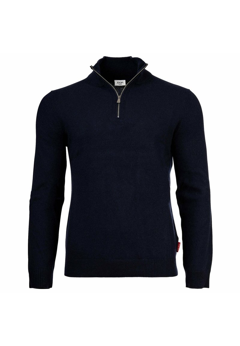 Maglione blu navy a maniche lunghe con colletto a zip a quarto e polsini e orlo a coste, esposto su uno sfondo neutro.