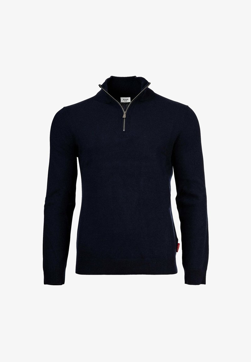 Maglione blu navy a maniche lunghe con colletto a zip a quarto e polsini e orlo a coste, esposto su uno sfondo neutro.