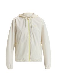 Lightweight cream jacket with a hood, featuring a front zipper, elastic cuffs, and a subtle yellow accent along the zipper.