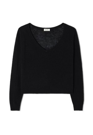 Pullover nero accorciato realizzato in morbido e tessuto a maglia strutturato. Presenta una scollatura a V profonda e maniche lunghe, con un design dalla vestibilità rilassata.