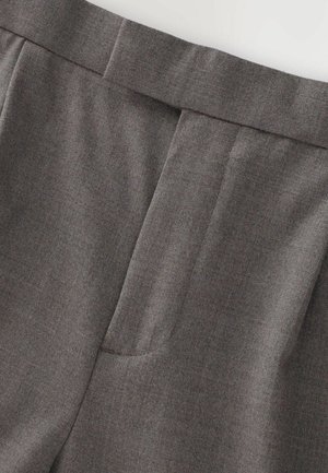 Gray tailored trousers featuring a smooth texture, straight shape, and a discreet front pocket detail. The waistband is neatly finished.