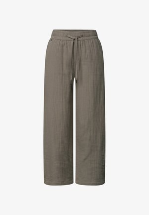 Pantalon ample vert olive avec taille élastique et cordon, en tissu texturé avec jambes droites.