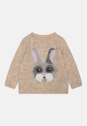 Beige strikket sweater med et stort kaninansigt design i grå, sort og pink, med rund halsudskæring og lange ærmer.
