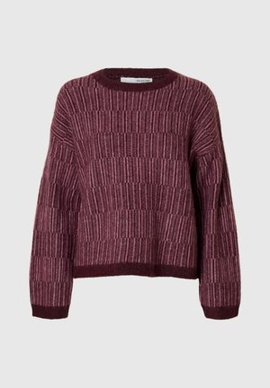 Storo megztinis tamsiai burgundišku ir mauve atspalviu su tekstūruotu raštu, apvalia iškirpte ir ilgomis rankovėmis.