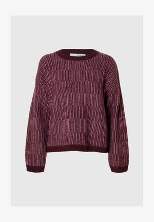 Masīvi adīts džemperis tumši bordo un maigo rozā krāsā ar strukturētu ribu rakstu, apaļu kakla izgriezumu un garām piedurknēm.