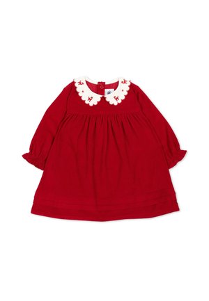 Vestitino rosso a maniche lunghe per neonati con vita arricciata, colletto bianco smerlato decorato con disegni animali rossi e polsini arricciati.