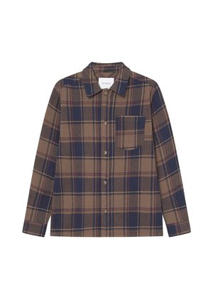 Brown and navy flannel shirt with a plaid pattern, featuring a pointed collar and a chest pocket, button closure, and long sleeves.