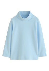 Světle modré tričko s dlouhým rukávem a rolákem z měkké látky. Má vysoký límec a volný střih, s jednoduchými, bezešvými manžetami a lemem.