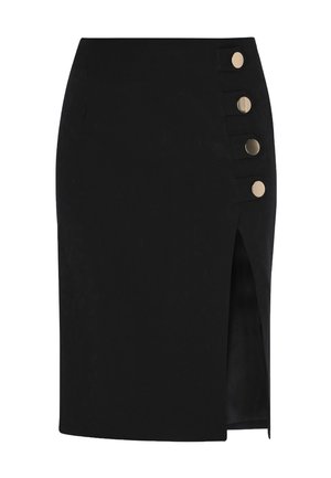 Musta polveen ulottuva kynähame, jossa on etuslitsi ja neljä suurta kultanappia, jotka ovat vaakasuorassa yhdellä sivulla.