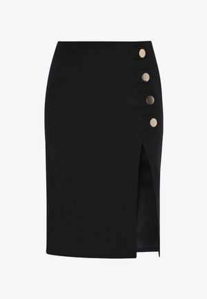 Musta polveen ulottuva kynähame, jossa on etuslitsi ja neljä suurta kultanappia, jotka ovat vaakasuorassa yhdellä sivulla.