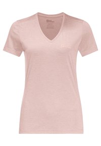 Ljusrosa kortärmad t-shirt med V-ringning i mjukt tyg, med en liten logga på vänster bröstområde. Enkel design med avslappnad passform.