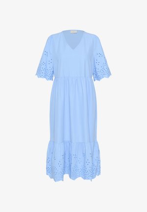Lyseblå bomulds kjole med korte, broderede ærmer, V-halsudskæring og en samlet tieret kant med øjenlågsdetaljer.