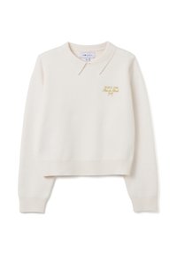 Cremfarbener, verkürzter Pullover mit Kragen, versehen mit goldener Stickerei, die "PARIS 1984" liest, aus weichem Strickstoff gefertigt.