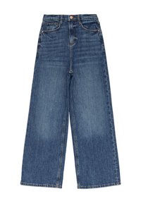 Jean à jambe large en denim bleu foncé. Design taille haute avec cinq poches et quincaillerie en cuivre. Texture lisse avec de légers effets de décoloration.
