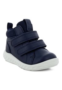 Sneakers per bambini di colore blu navy con tomaia in pelle sintetica, dettagli in rete, chiusure a doppio velcro e suola in gomma bianca.