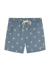Costumi da bagno da uomo in tessuto blu con un motivo ripetuto di teschi e tibie gialli, vita elastica con cordino e tasche laterali.