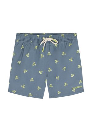 Shorts de bain pour hommes en tissu bleu, ornés d'un motif répété de crânes et os croisés jaunes, avec taille élastique dotée d'un cordon de serrage et poches latérales.