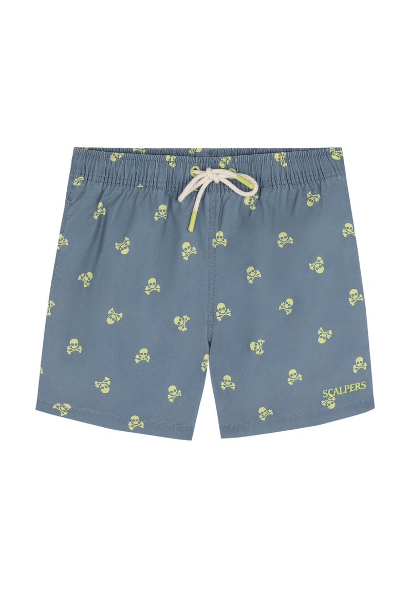 Costumi da bagno da uomo in tessuto blu con un motivo ripetuto di teschi e tibie gialli, vita elastica con cordino e tasche laterali.
