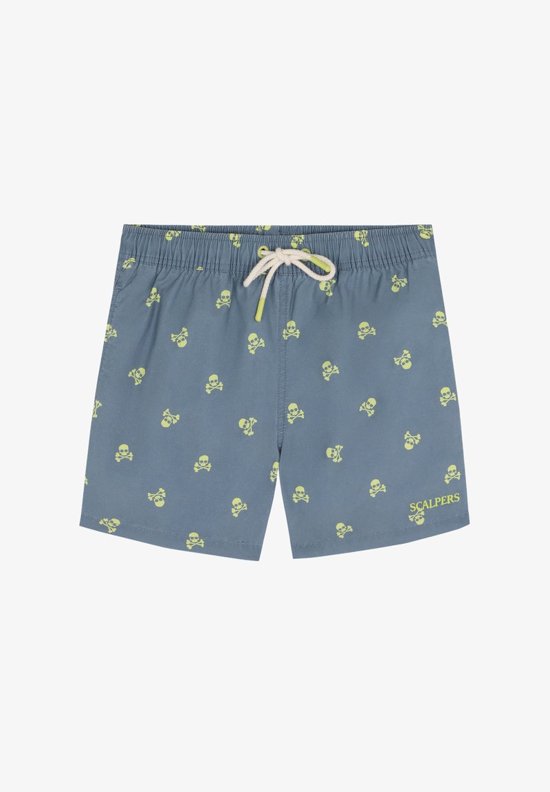 Costumi da bagno da uomo in tessuto blu con un motivo ripetuto di teschi e tibie gialli, vita elastica con cordino e tasche laterali.