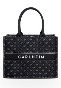 Black tote bag with quilted pattern featuring white logo. Sturdy fabric, dual top handles, structured rectangular shape.
